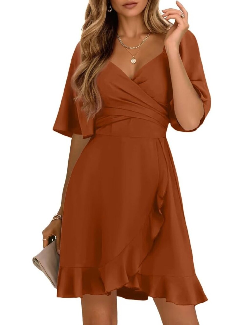 Women's Gold Flame Wrap V Neck Short Sleeve Elastic Waist Wedding Mini Dresses